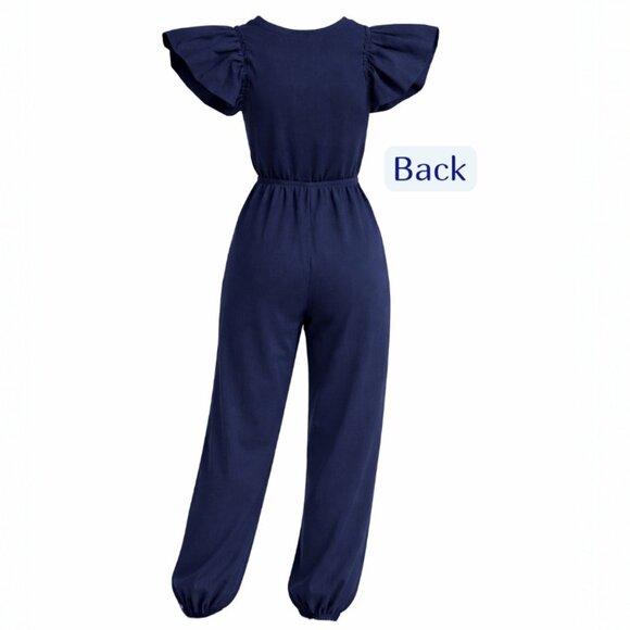 Sundays Navy Blue Flutter Sleeve Elasticized Hem Jumpsuit Size Small - Picture 4 of 8